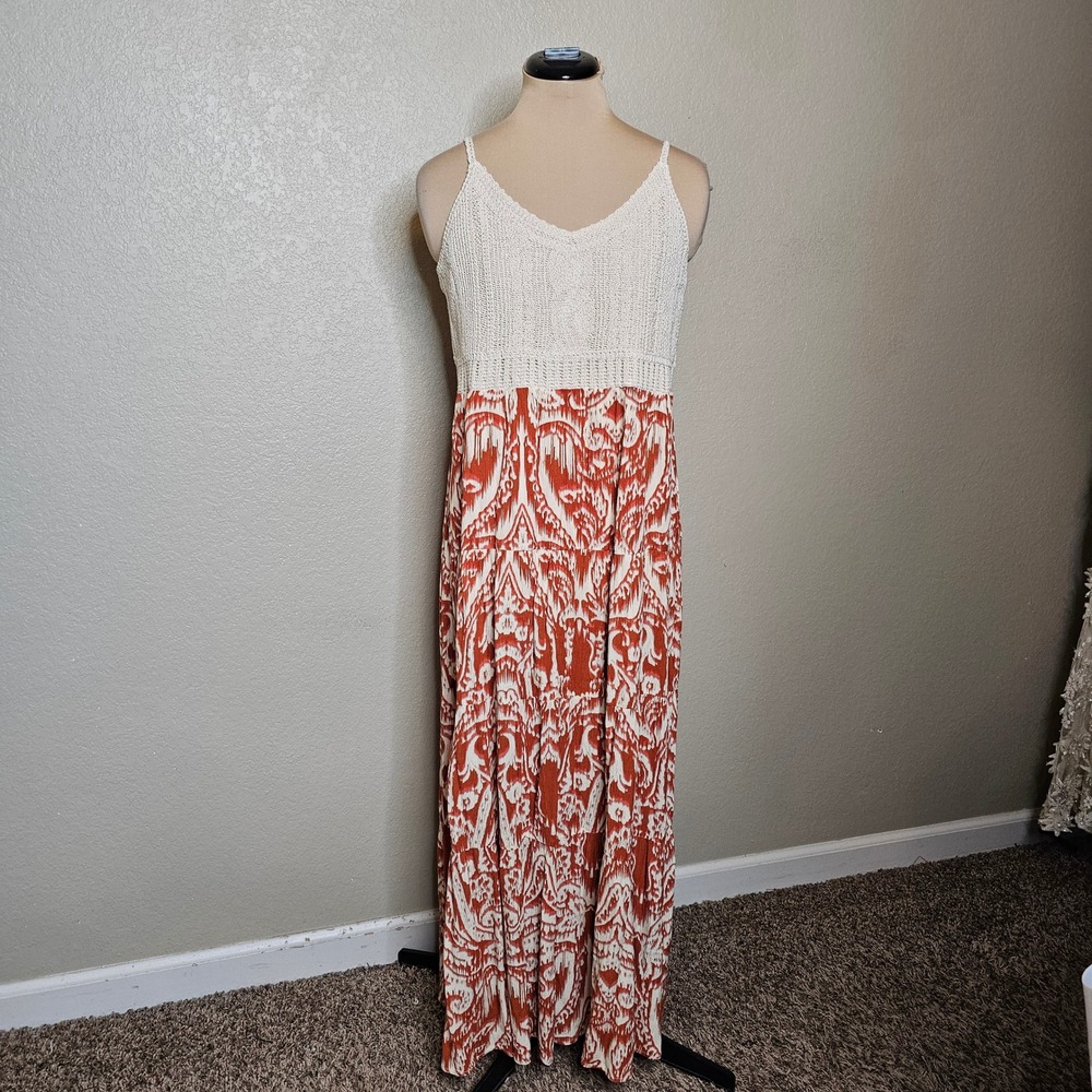 Cupio Crochet Top Ikat Print Maxi Dress Rust Orange Cream Size Large